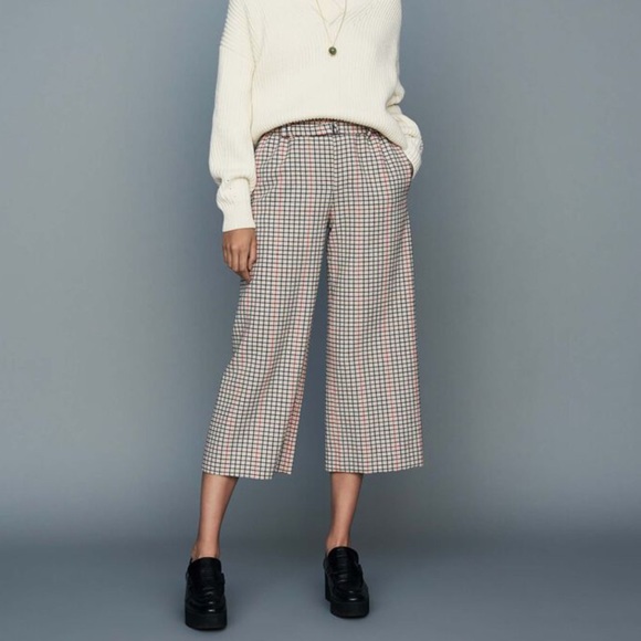 Maje Pants - Maje Poldi Wide Leg Cropped Plaid Pants 34 XS S
